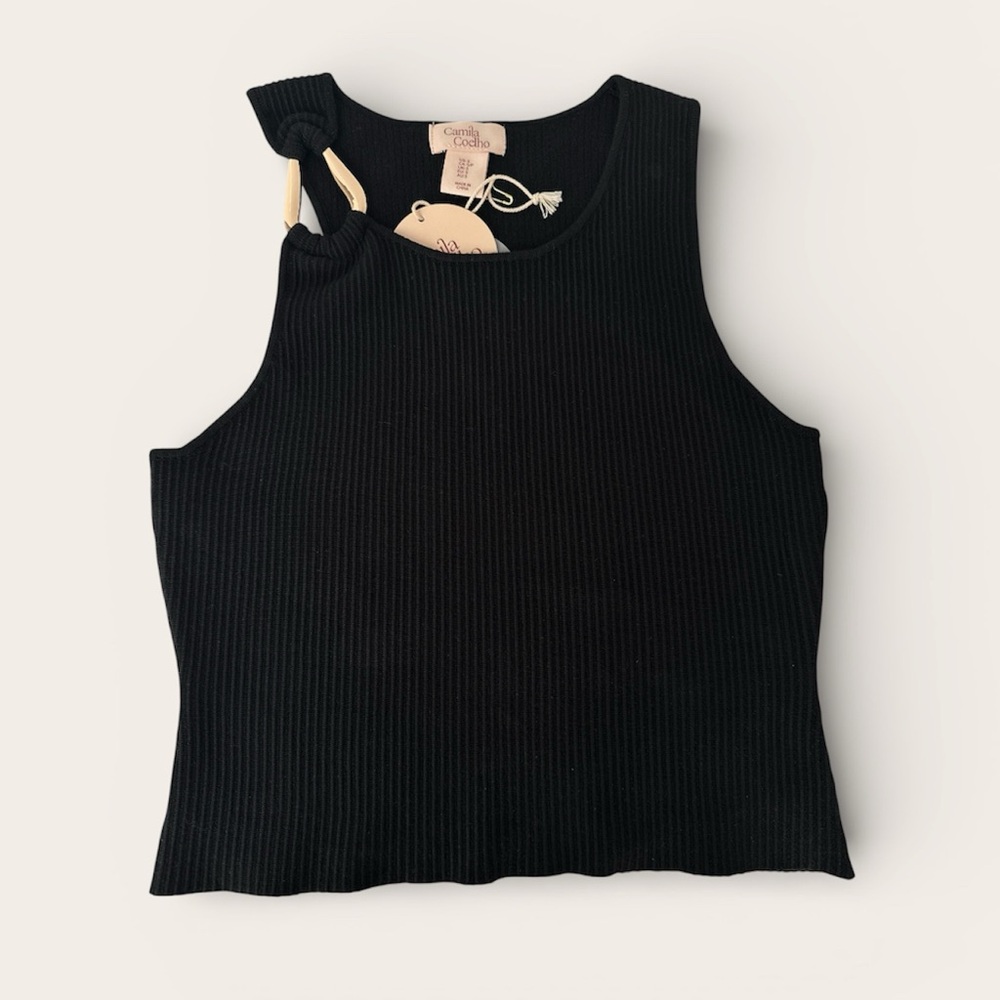 Camila Coelho Black Ribbed Tank Top Metal Ring Shoulder NWT Size S